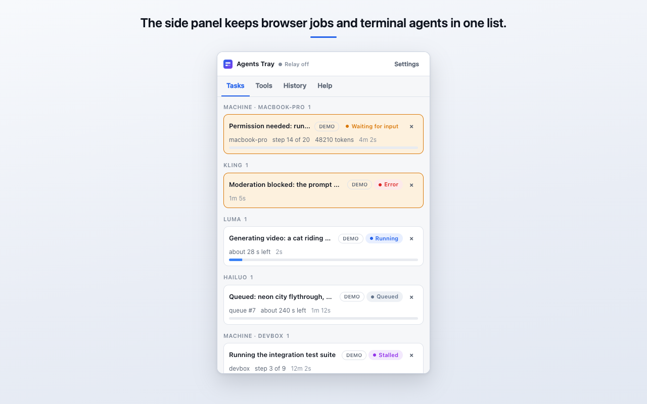 The side panel: tasks, the tool catalogue, history and an animated Help walkthrough.