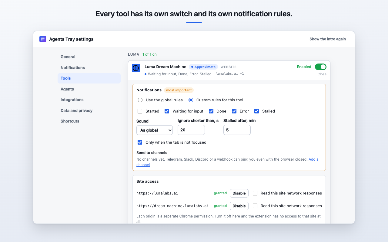 Settings, Tools: every tool with its own notification rules and its own site permission.